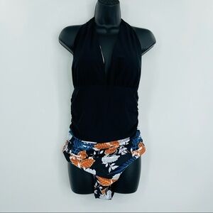 Beachsissi halter floral one piece‎ swimsuit ruched women's size L